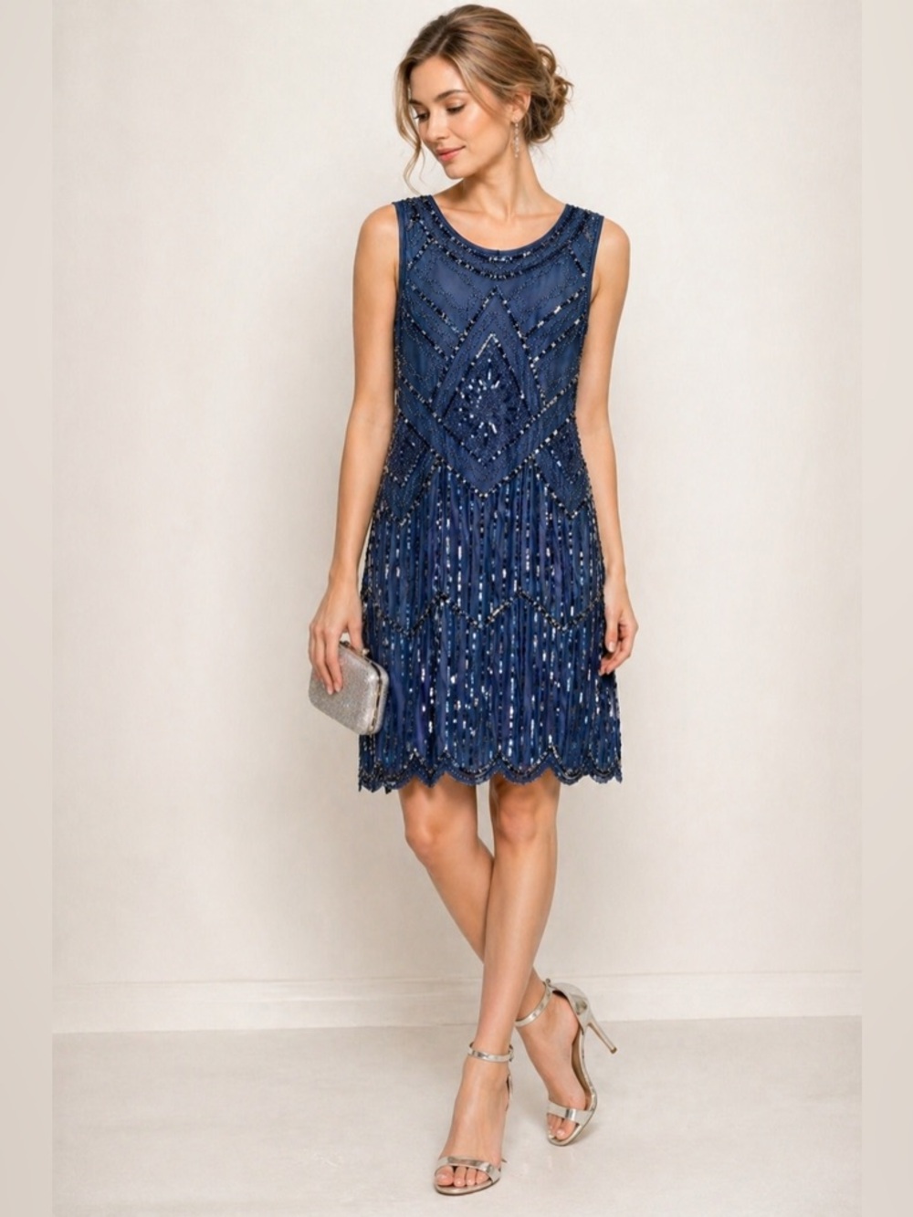 Vintage Style Navy Beaded Sequin Cocktail Dress | Art Deco Flapper | Size M